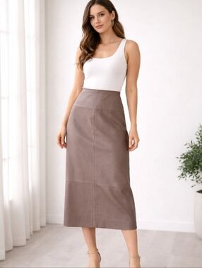 Lynn Cantin| Taupe Faux Leather High-Waisted Midi Skirt | Back  Adjustable Slit